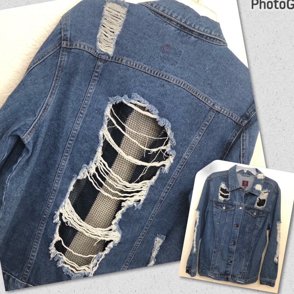 BOOM BOOM JEANS Womens Large Denim Jean Jacket Fishnet Cutouts Destroyed NWOT
